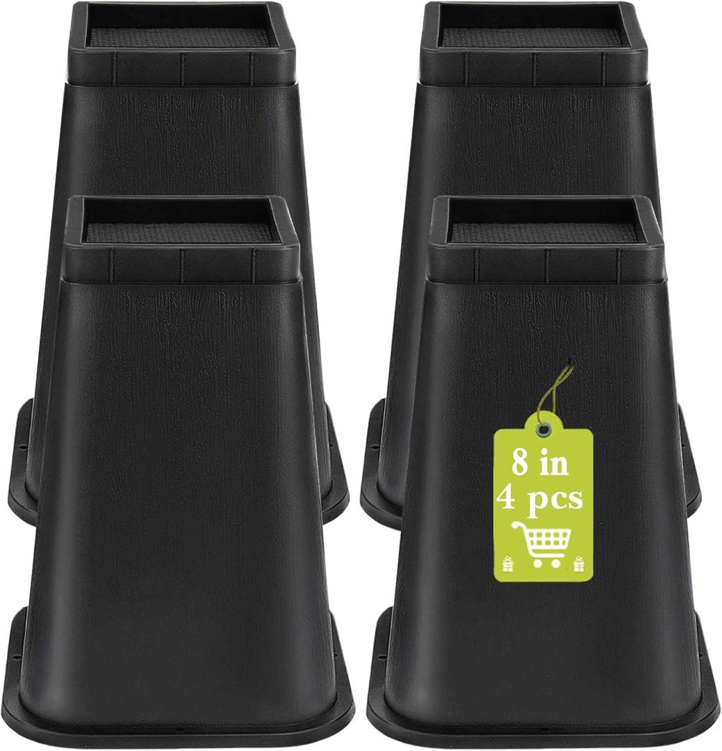 4 Pack Furniture Risers 8 Inch, Bed Risers Heavy Duty for Table Desk Couch Chair Sofa Cabinet Bed Frame Dorm, Square Table Leg Risers Lift Height 8", Black