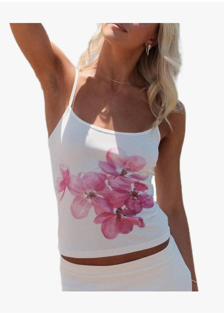 Women Y2k Floral Tank Top One Shoulder Backless Graphic Tee Sleeveless Flower Print Slim Fitted Crop Tops Retro Trendy
, Size -S