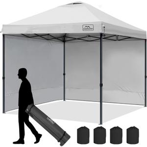 KAMPKEEPER 10x10 Pop Up Canopy Tent with 2 Sidewalls, Beach Tent - Easy Outdoor Sun Shade for Events, Parties, Camping - Gazebo with 4 Weight Bags & Carry Bag.White