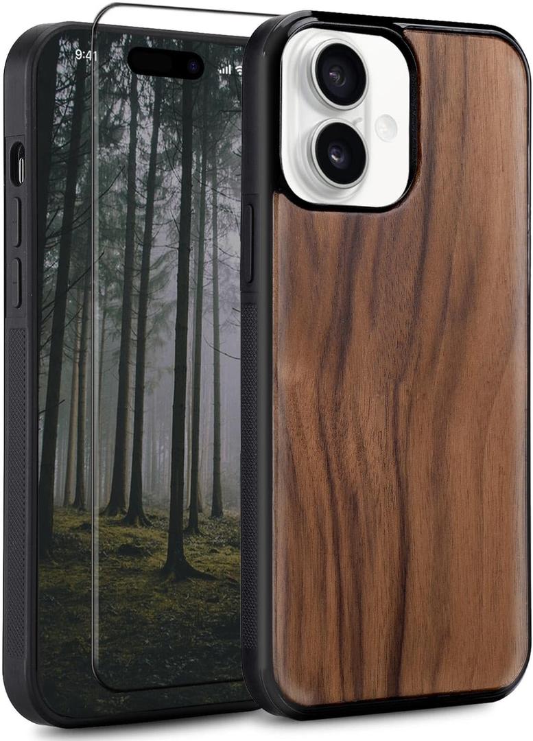 Wood case for iPhone 16 - Real Natural Wood,- Slim Shockproof Hybrid Wooden Cover (Walnut, iPhone 16)
