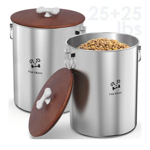 2PK 25 Lbs total 50 Lbs Stainless Steel Dog Food Storage Container with Airtight Wooden Lid & Ceramic Bone Handle, Large Metal Dog Food Bin for Dogs & Cats, Keep Fresh, Easy to Clean
