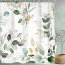 Riyidecor Extra Long Sage Green Shower Curtain 72Wx84H, Eucalyptus Golden Leaf Spring Botanical Bathroom Curtains, Watercolor Farmhouse Shower Curtain Sets with 12 Hooks Ideal for Bathroom Decor