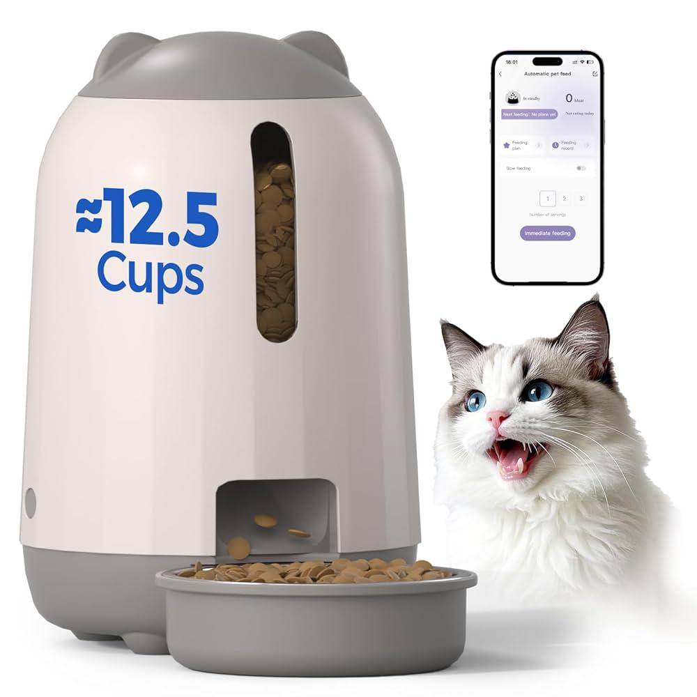 PAPIFEED Automatic Cat Feeder, 2.4G WiFi Auto Cat Food Dispenser with App Control, 3L Auto Pet Feeder with Dual Power Supply, Detachable for Easy Clean for Cats and Small Dogs, Gray