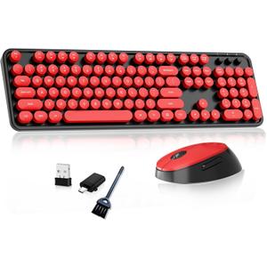 Wireless Keyboard and Mouse, COOFUN Retro Typewriter Keyboard with Round Keycaps, Full-Size Ergonomic, Ideal for Windows PC, Home, Office, and College Black and Red
