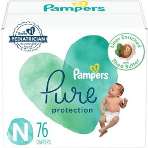 Pampers Pure Protection Baby Diapers, Size 0 (>10 lbs), 76 Count, Up to 100% Leakproof, Premium Plant-Based Skin Protection, Hypoallergenic Soft Diapers (Newborn)