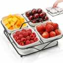 Pumtus Ceramic Divided Serving Dishes, 4 Removable Snack Bowls with Metal Stand, 9 Inch Appetizer Platter with Handle, Dip Bowls for Party, Condiment Serving Relish Tray for Chips & Dips, Nut, Candy