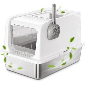 COURPAL Stainless Steel Cat Litter Box with Lid - XL Large Enclosed/Open Litter Box with Anti Leakage Enclosure - Odor Free Hooded Litter Tray - Metal Covered Litter Pan Non-Stick Easy to Clean