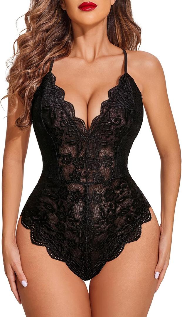 Avidlove Women One Piece Lingerie Deep V Teddy Sexy Lace Bodysuit Snap Crotch Babydoll (Small, Double Layers - Black)