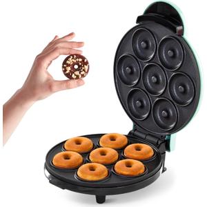 Dash Express Mini Donut Maker - Homemade Dessert Maker - Features Double-Sided, Non-Stick Surface & Space-Saving Design - Makes 7 - Aqua