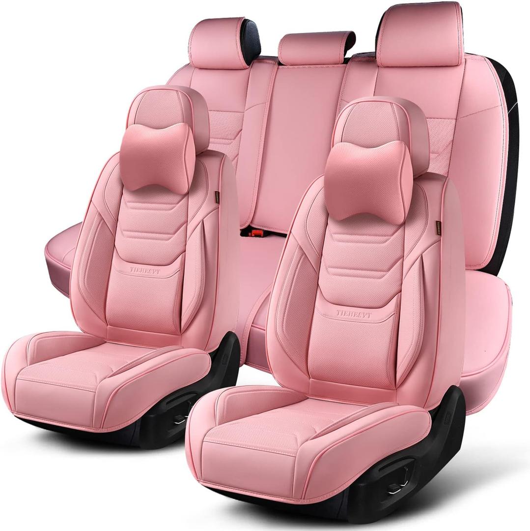 Pink Car Seat Covers Full Set, Breathable Leather Automotive Front and Rear Seat Covers with Headrest, Waterproof Auto Seat Protectors Fit for Most Sedans SUV Pick-up Truck