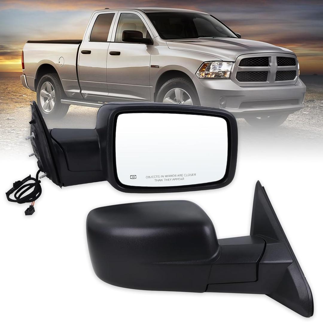Right Passenger Side Door Mirror Compatible With 2014-2018 Ram 1500 2500/2019-2022 Ram 1500 Classic With Manual Folding Power Glass Heated Matte Black Replace#55372066AH(5Pins)