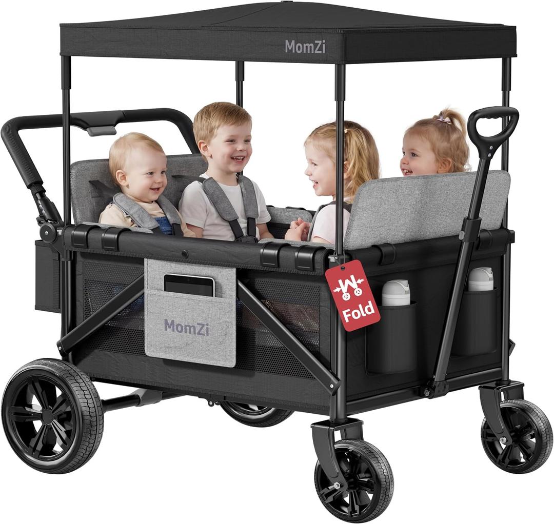 MomZi 4 Seater Wagon Stroller for Kids, Collapsible Wagon Stroller with Removable Canopy, Foldable Stroller Wagon with Seat and Storage Pocket for Baby Toddlers Black