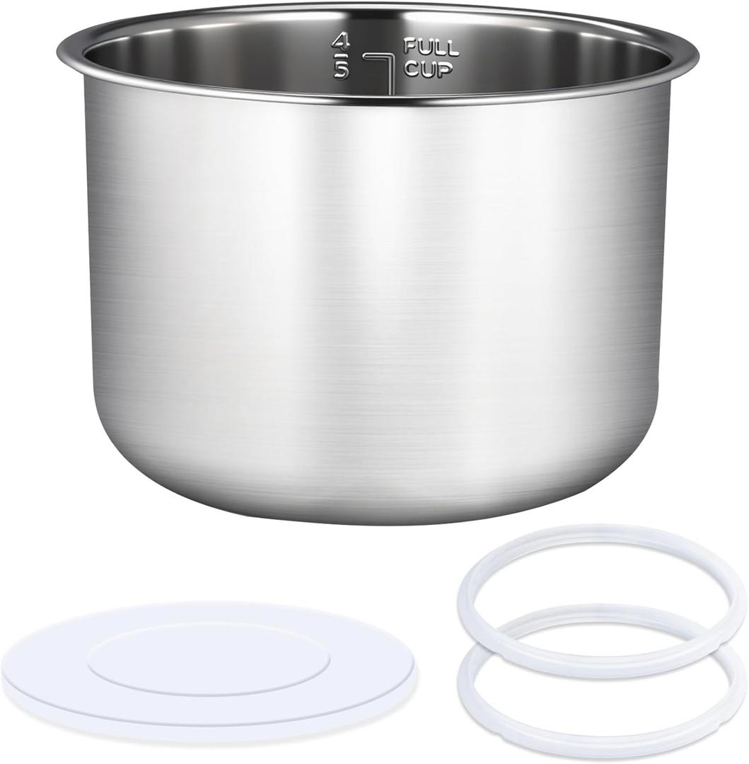 Stainless Steel Inner Pot 6 Qt, Compatible with Instant Pot 6 Quart Inner Pot Polished Surface 0 Coating, Non-Toxic, Includes 2 Sealing Rings 1 Sealing Caps