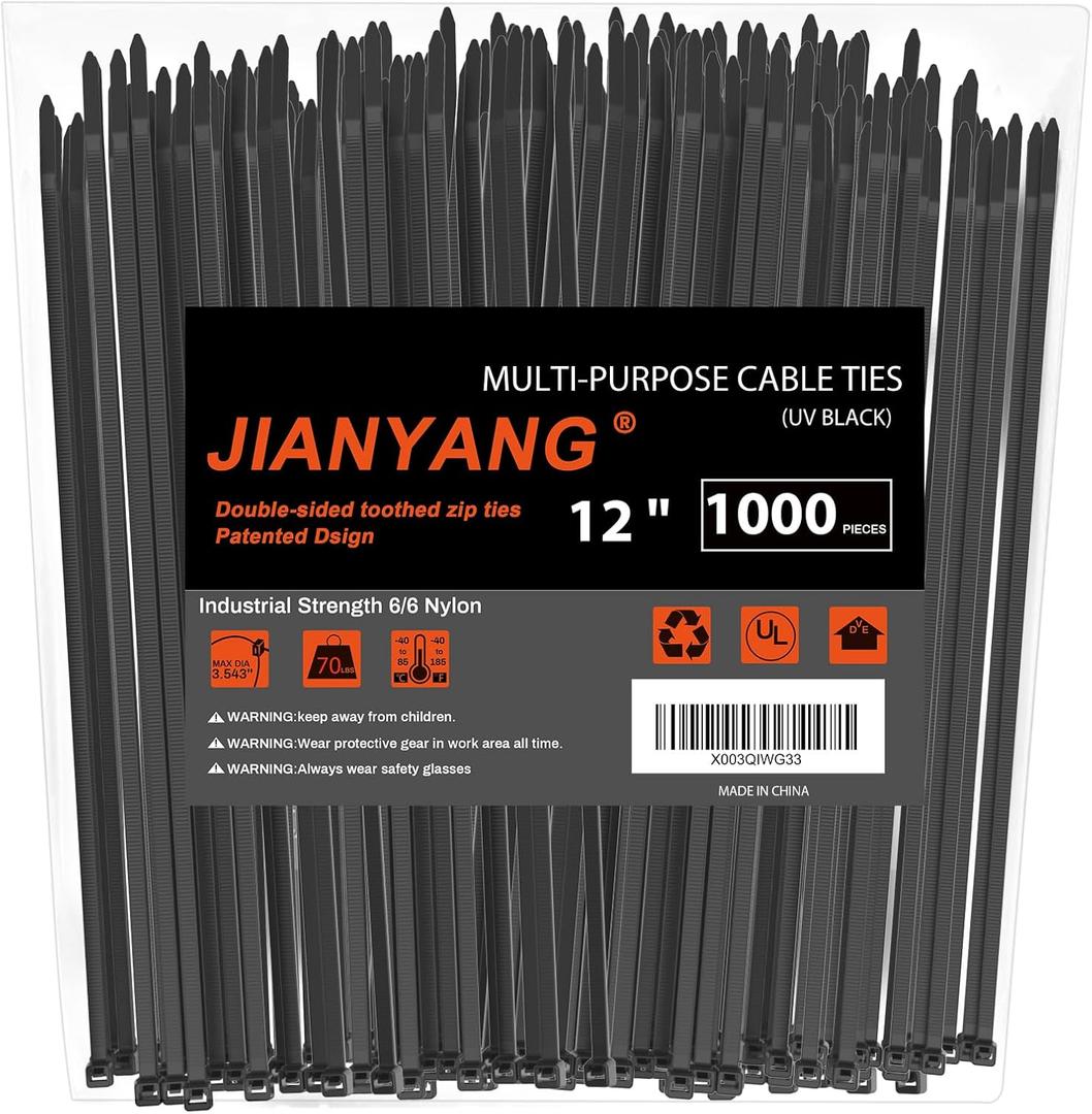 12 Inch Zip Ties Double Sided Toothed (Bulk 1000 Pack),85 LBS Tensile Strength Heavy Duty Cable Wire Ties With Self-Locking Adjustable More Durable Nylon Tie Wraps for Indoor Outdoor