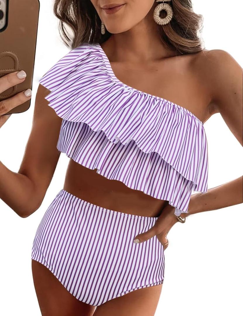 VIMPUNEC Ruffle One Shoulder Swimsuits for Women Cute High Waisted Two Piece Bathing Suits, L VIMPUNEC Ruffle One Shoulder Swimsuits for Women Cute High Waisted Two Piece Bathing Suits, L