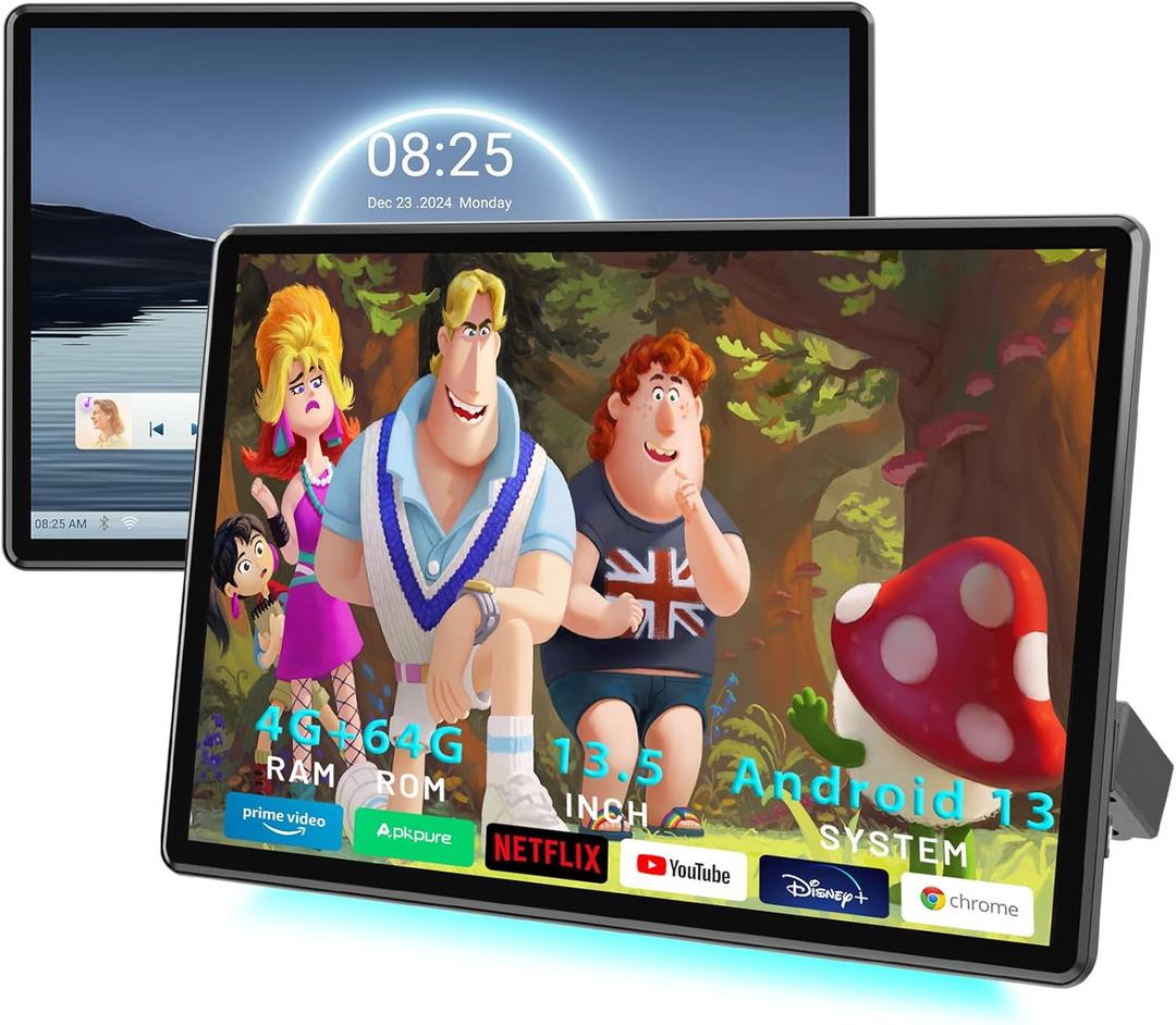 13.5 Inch 4G+64G Android 13 Dual Car Headrest Video Player,Rear Seat Car TV with 4K IPS Touchscreen,Car Headrest Monitor Support WiFi/Bluetooth/Wireless Airplay/Mirror Link/HDMI/SD/USB/OTA Updates