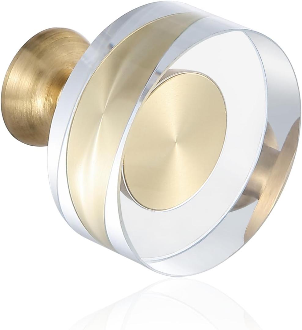 Guank 6-Pack 1-1/4-Inch White Cabinet Glass Crystal Brass knobs Brass Drawer Round Knobs Dresser Pulls, Gold Hardware Kitchen Closet knobs for Bifold Doors