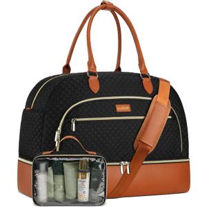 Weekender Bags for Women, Large Travel Duffel Bag Carry on Overnight Bag with Shoe Compartment and Toiletry Bag for Travel Business Gym Hospital, Black Brown