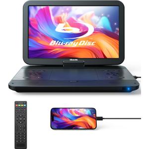 17.6" Portable Blu Ray DVD Player with 15.4" Screen, HDMI Input/Output, Sync Screen, 5 Hours Playing Time, 1080P MP4 MKV Video, Surround Audio, USB SD