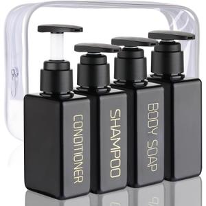 Travel Bottles 4 Pack 3.7oz/110ml Travel Shampoo And Conditioner Bottles Empty Plastic Pump Bottle Dispenser Travel Size Bottles (3 Labels &1 Blank Black)