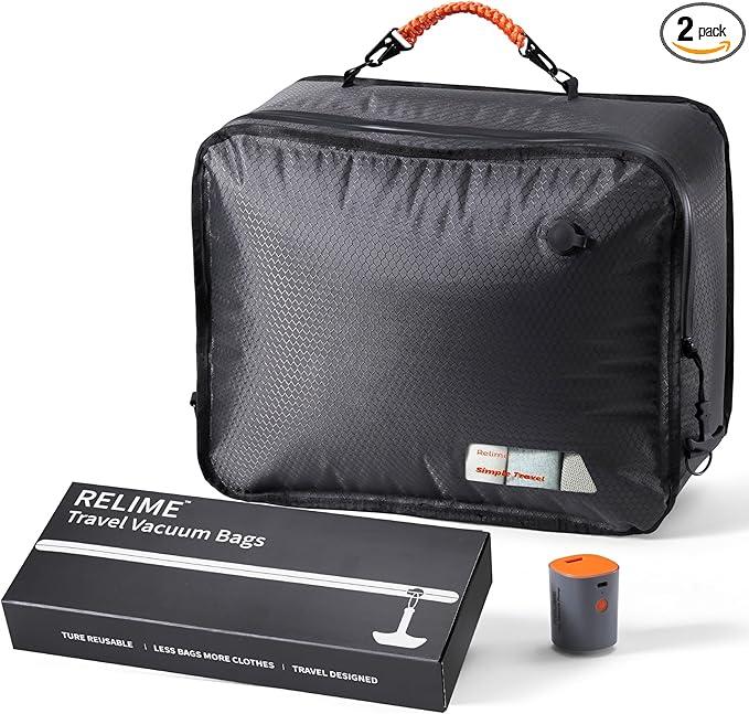Relime Apex Series Vacuum Bags for Travel Luggage, 180° Open, Reusable Compression Bags for travel Pack, Vacuum Seal Packing Cube for Cloth (1Gray+Pump) ( Size Medium for Carry On)
