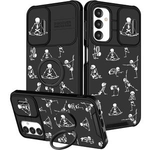 Funermei for Samsung Galaxy A14 5G Phone Case - Women Cute Girls Cover Black Fun Funny Girly Kawaii Aesthetic Cool Skull Skeleton Design with Camera Cover Ring Stand for Galaxy A14 5G Case