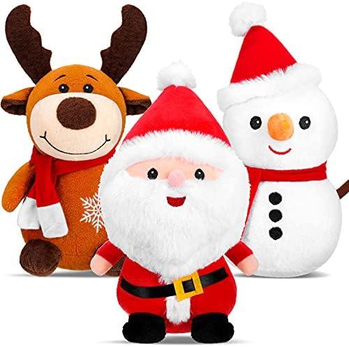 Threan 3 Pieces Christmas Plush Toys Santa Claus Plush Doll Reindeer Stuffed Animal Snowman Christmas Stuffed Animal Set for Boys and Girls Xmas Decorations Home Office Car Ornament, 9 Inch