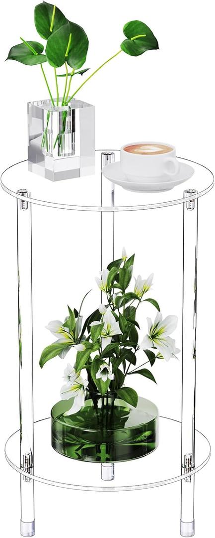 Clear Round Acrylic Side Table for Small Spaces, 11.81" L x 11.81" W x 19.82" H, 2 Tier Small Modern Drink End Table Nightstand, Minimalist Bedside Table for Living Room, Bedroom, Bathroom