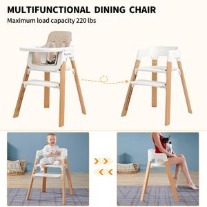 Wooden High Chairs for Babies and Toddlers, Baby Eating Chair with Tray & Removable Cushion & 4-Levels Pedal & Padded 5-Point Harness, High Chair Grows with Kid for Dining, Studying, Step Tool (Beige)