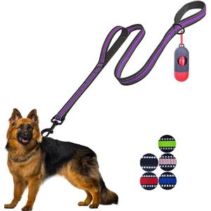 JSXD Heavy Duty Double Handle Dog Leash - 5 FT with Comfortable Padded and Reflective Rope, for Small to Large Dogs (Wide-Purple)