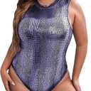 WDIRARA Women's Plus Size Crocodile Pattern Sleeveless Tank Bodysuit Party Tops Size XL