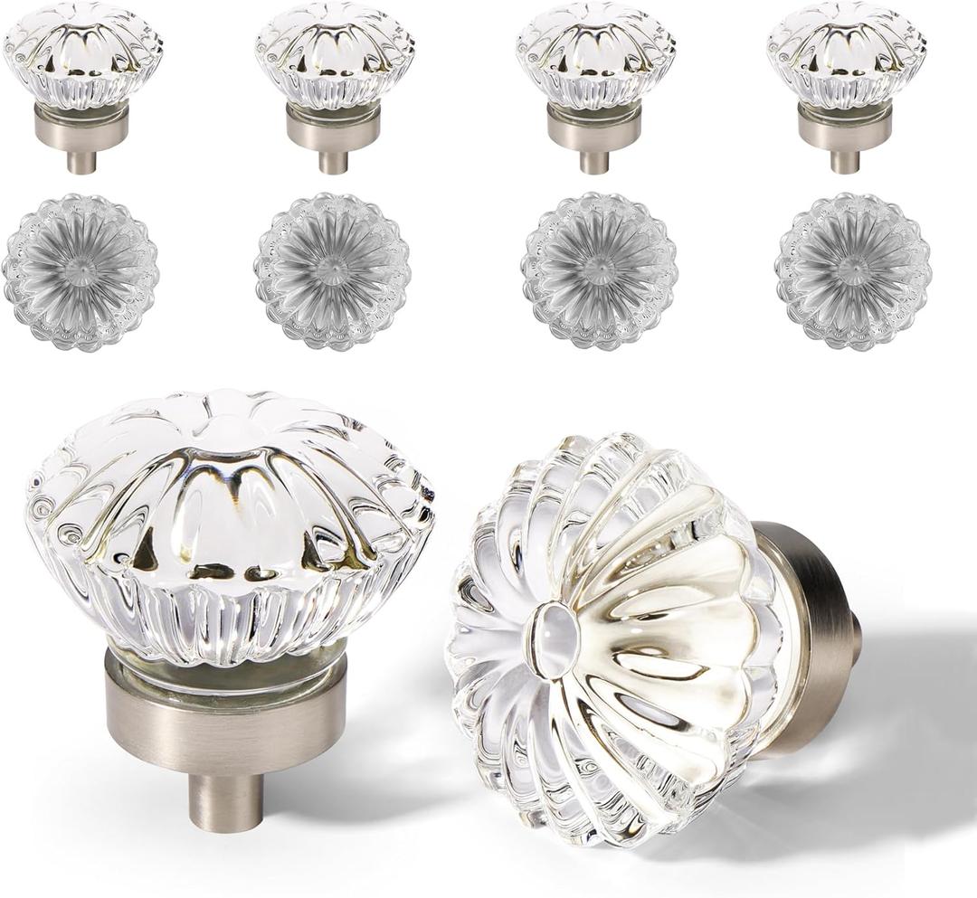 Crystal Vintage Cabinet Knobs Cabinets Knob, 8 Pack Flower Glass Brushed Nickel Clear Crystals Small Pull for Closet Dresser Drawers Cupboard Wardrobe, Solid Retro Pulls Old Fashioned Drawer Handle