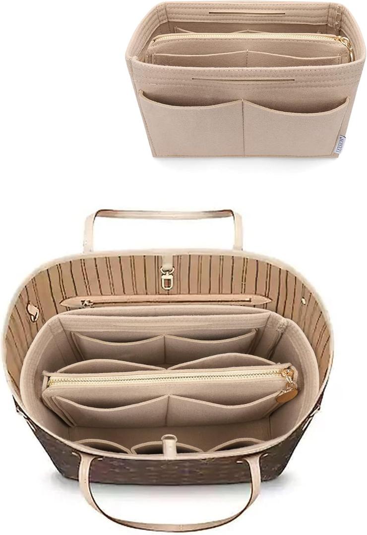 LEXSION Felt Purse Bag Organizer Insert with zipper Bag Tote Shaper Fit Speedy Neverful PM MM (Medium, Beige)