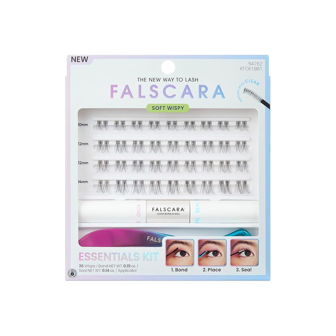 Falscara Essentials Kit, False Eyelashes, Lash Clusters, Soft Wispy, 10mm-14mm, Includes Bond & Seal, Precision Applicator & 36 Clusters
