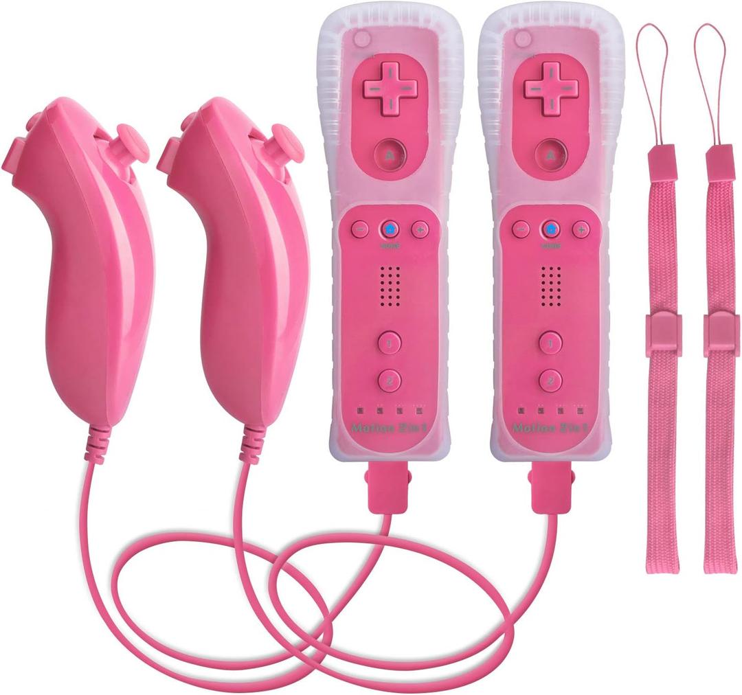 Motion Plus Wii Controllers 2Packs with Nunchucks, Wii Remote Controllers Compatible for wii and Wii U with Built in Motion Plus (2Pinks)