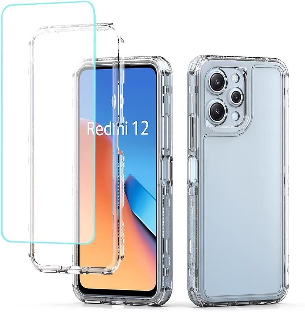 for Redmi 12 4G/Redmi 12 5G/Poco M6 Pro 5G Case with Tempered Glass Screen Protector, Crystal Clear Full Body 3 Layer Heavy Duty Protective Phone Cover for Xiaomi Redmi 12 Clear