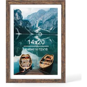 Hongkee 14x20 Picture Frame, Rustic Brown Wood Style - Display Posters 12 x 18 with Mat or 14x20 without Mat, Wall Mounting Horizontal and Vertical, 1 Pack