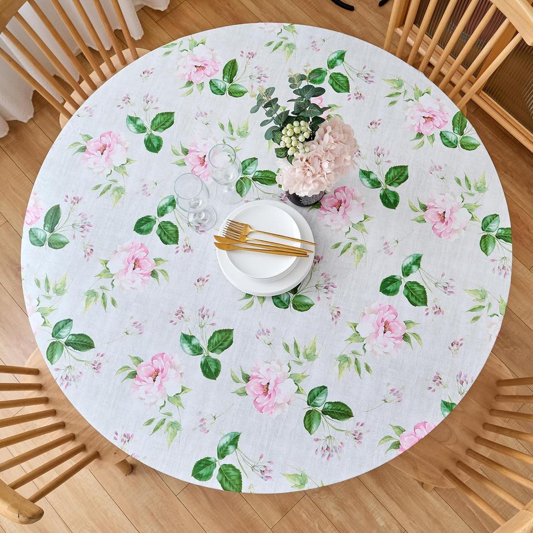 LIBERECOO Round Fitted Tablecloth with Elastic, Flannel Backed Vinyl Tablecloths for 56" Tables, Waterproof Wipeable Reusable Plastic Table Cloth for Indoor & Outdoor, Enchanted Rose Garden