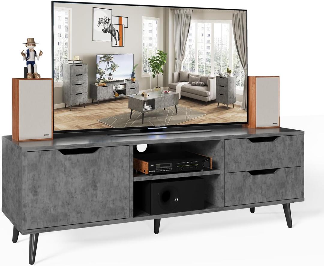 Maxtown TV Stands for Living Room, TV Console Table for 55 Inch TV, Entertainment Center with 1 Cabinet, 2 Drawers, Media Console with Metal Feet for Bedroom, Living Room, Dark Grey