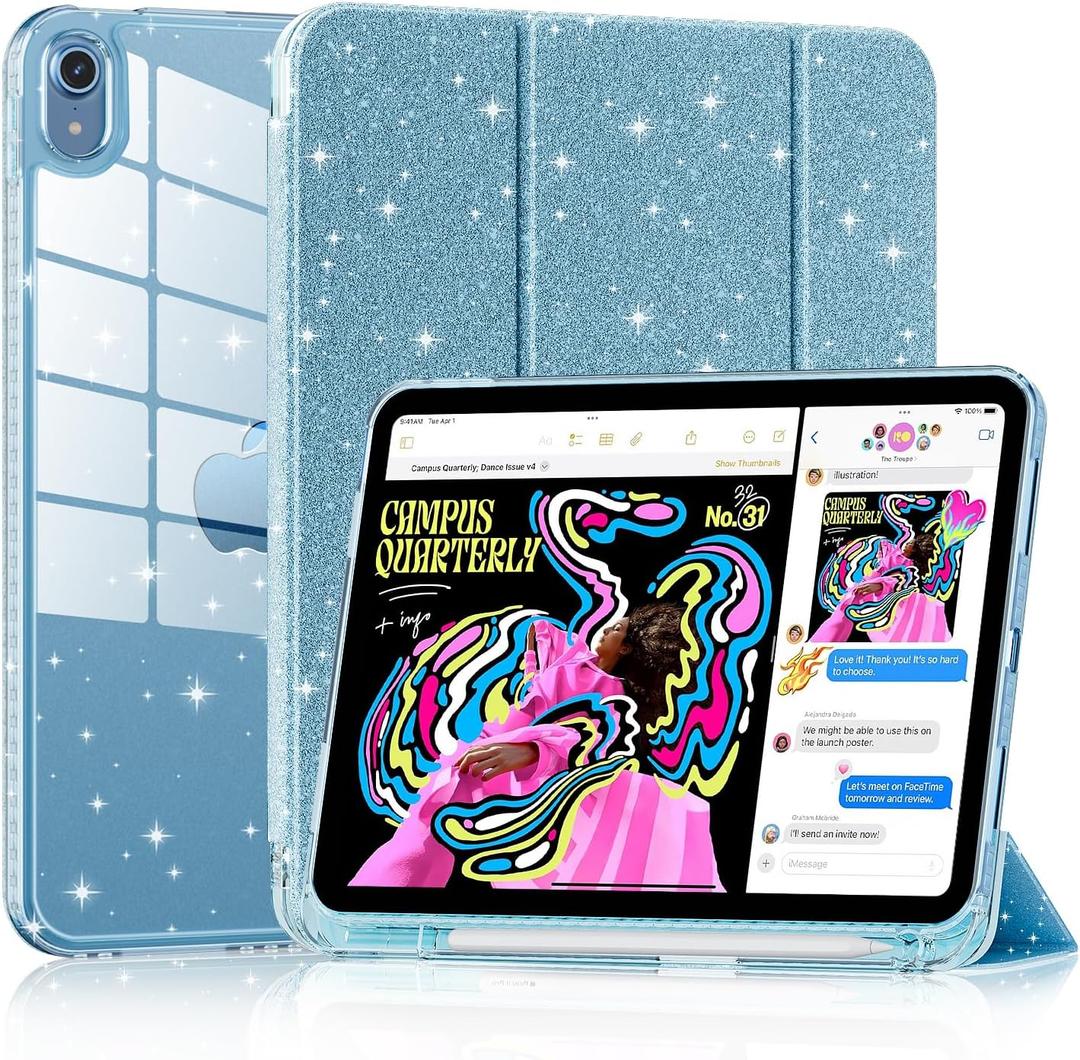 Lainergie Case for iPad (A16) 11th Generation 11-inch 2025, iPad 10th Generation 10.9-inch 2022, Cute Glittering Sparkly Shockproof Cover with Sparkly Crystal Clear Back and Pencil Holder, Blue