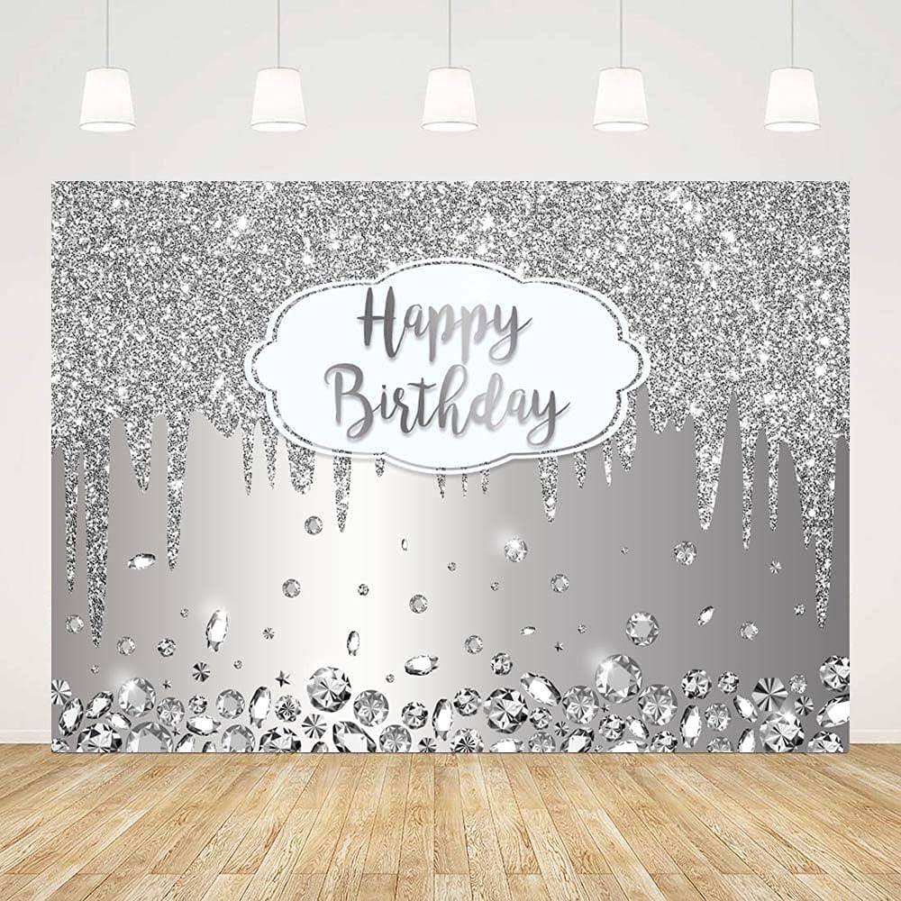 7x5ft Happy Birthday Backdrop Dripping Glitter Crystal Diamond Silver Photo Background Girls Women Bday Party Decorations Cake Table Banner Wall Decor Props