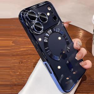 MINFEDUCT Magnetic for iPhone 17 Pro Case Clear Supports Wireless Charging Anti Yellow 17 Pro Case with Camera Len Protector Luxury Plating Soft TPU Shockproof Protective Phone Cover 6.3", Dark Blue