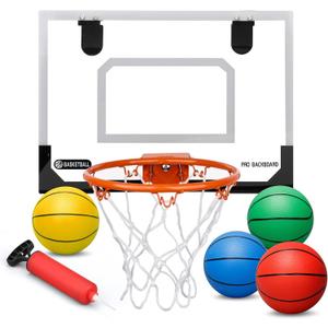 Mini Basketball Hoop Set for Kids Adults, Indoor Play Wall Mount Basketball Hoop for Door with 4 Small Replacement Toddler Basketballs, ABS Backboard Metal Rim Goal Sport Gifts for Pool Game Fun