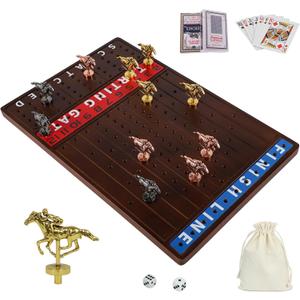 Horse Race Board Game with 11 Luxurious Durable Classic Metal Horses with 4 Dice and 2 Boxes of Cards Thickened Solid Wood Horse Racing Game (Walnut ColorRectangle)