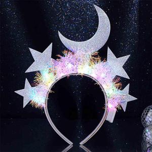 Light Up Star Headband LED Moon Headpiece Glitter Stars Headwear Rave Party Costume Hair Accessories for Women (Silver, Gold, Silver with Gold)