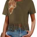 Remidoo Fringe Tops for Women Short Sleeve Crop Top T Shirt Western Cowgirl Cropped Tee Solid Green Small (Green, S)