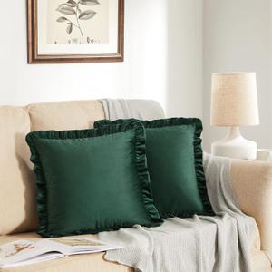 GIGIZAZA Army Green Decorative Throw Pillow Covers, 18x18 Velvet Ruffle Cushion Pillow Covers for Sofa Couch Set of 2