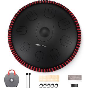Moozica Steel Handpan Tongue Drum, 14 Inches 17 Notes in D Minor with Octave Overtone Design, Handpan Drum Percussion Instrument With Carry Bag (D-Kurd, Black)