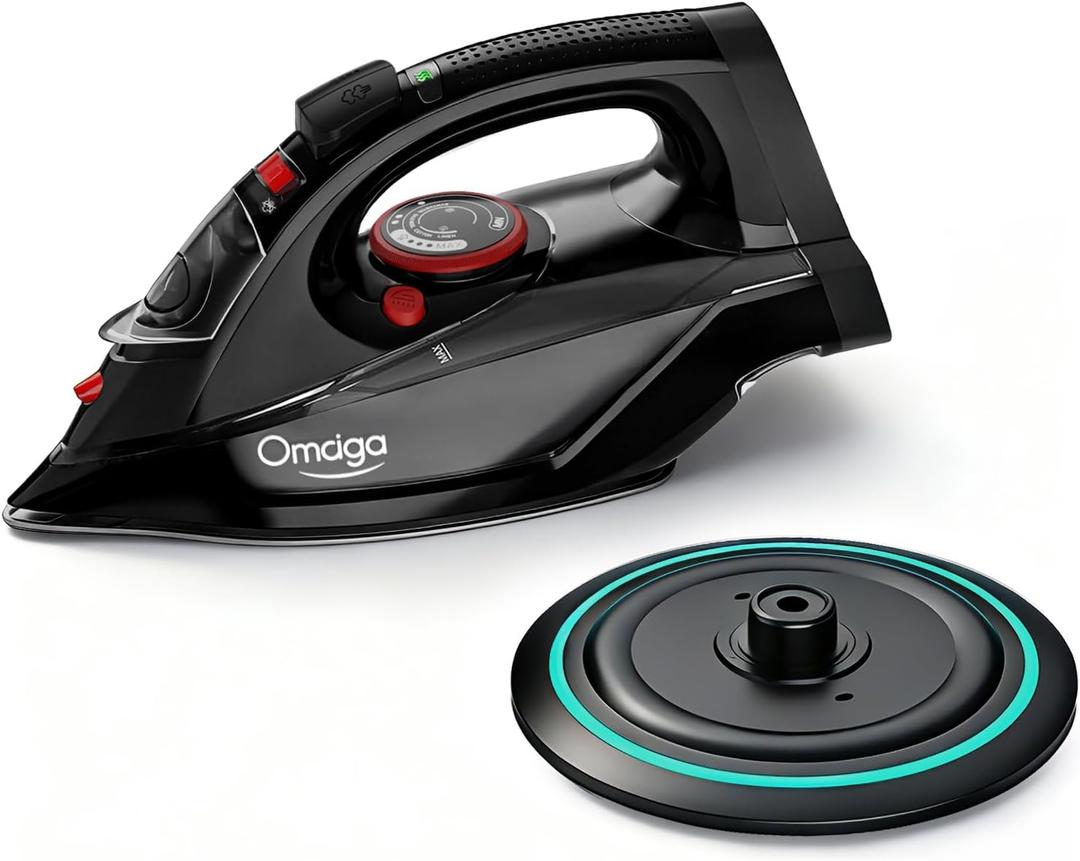 OMAIGA Cordless Iron for Clothes, 1500W Steam Iron Rapid Heating, Ceramic Soleplate, Auto Shut Off, Self-Clean, Anti-Calc, 3 Temperature Settings, 11.84oz Water Tank Ironing Clothes for Home, Black