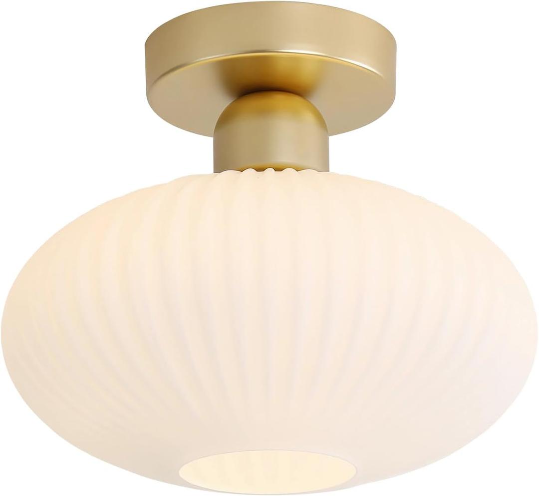 KCO Lighting Mid Century Modern Large Semi Flush Mount Ceiling Light Fixture White and Gold Living Room Flush Mount Ceiling Light Vintage Milk Glass Globe Close to Ceiling Light